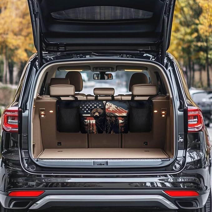 American Flag Bear Hanging Trunk Organizer, Foldable Back Seat Trunk Organizer with 4 Large Compartments, Universal for Vehicles
