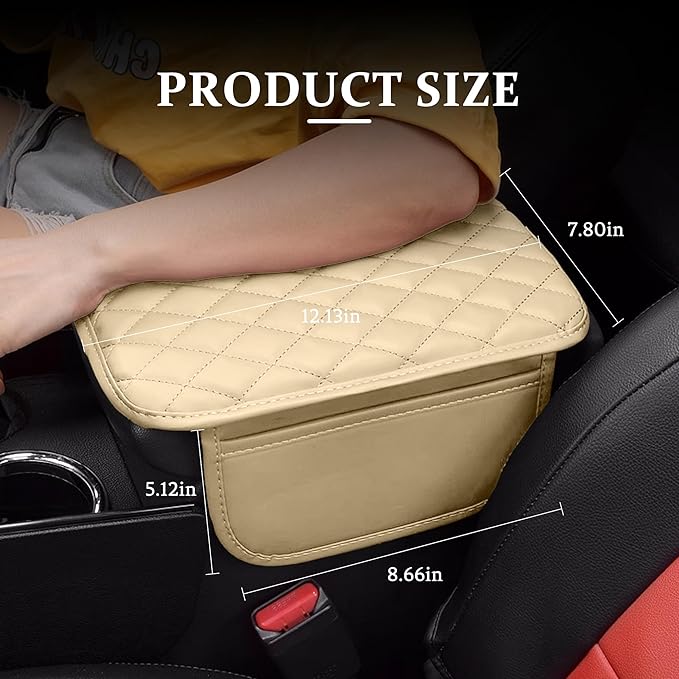 Car Center Console Cover, Universal Center Console Protector Pad with Soft Microfiber Leather & 2 Storage Pockets, Non-Slip Cushion for Car SUV Truck Interior Accessories (Beige)
