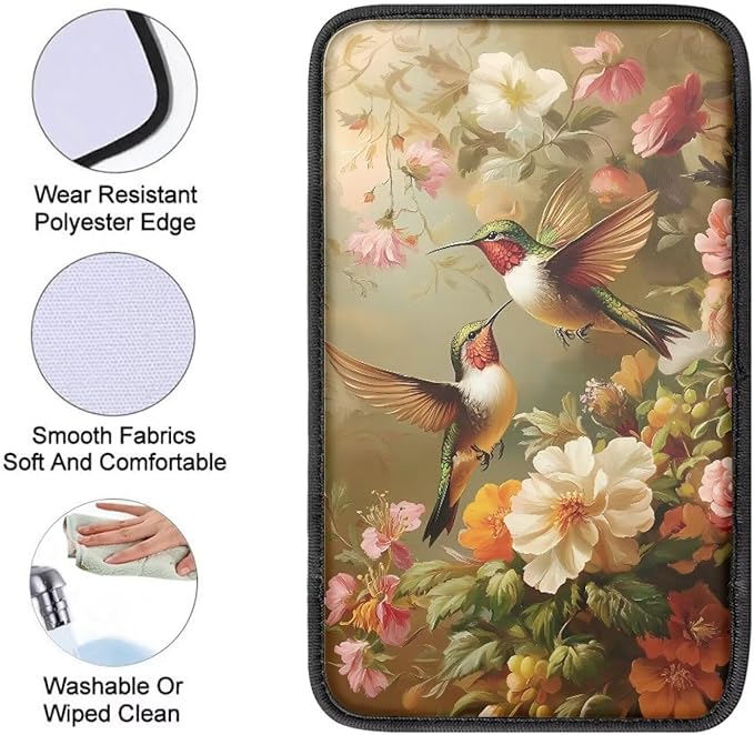 Colorful Flower Hummingbirds Thin Car Armrest Pads Auto Armrest Box Cover Comfortable Middle Storage Organizer Pad Universal Style Car Accessories Decor