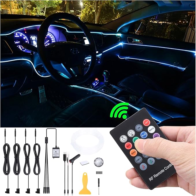 4 m Optic Fiber Car Ambient Lighting Kit RF Remote Control 8 Colors Multicoloured Music Interior Lighting Kit 12V 1W