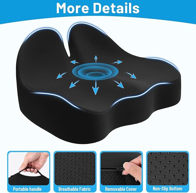 Memory Foam Seat Cushion for Office Chair, Ergonomic Coccyx Cushion for Desk Chair, Tailbone Support Pillow for Long Sitting, Non-Slip Seat Pad for Home, Car, Gaming Chair (Black, X-Large)