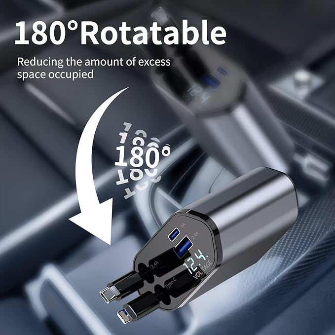 YAOKEEP 120W Fast Charging Retractable Car Charger 4 in 1, 180°Rotation Car Phone Charger with 31.5" Cables, USB Type-C and Lightning, Car Charger Adapter for iPhone 17/16/15/14 /13/12,Android,Samsung