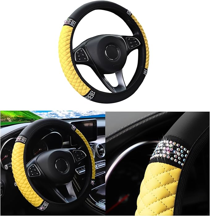 Bling Car Steering Wheel Cover, 15 Inch Rhinestones Soft Leather Elastic Steering Wheel Protector, Sparkly Crystal Diamond for Women Girls, Car Interior Accessories for Most Cars (Yellow)