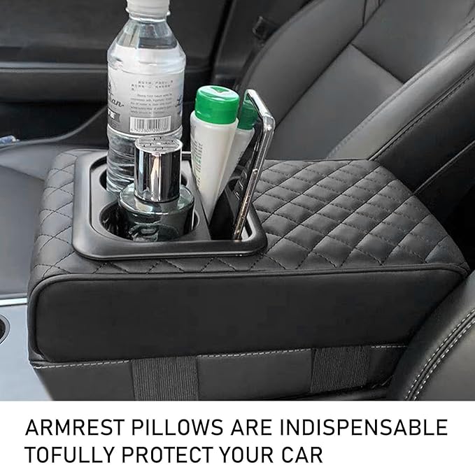 Car Center Console Armrest Pillow, 14"×8.3" Memory Foam Auto Armrest Box Cover with Cup Holder & Phone Holder, Waterproof Leather Arm Rest Protector Cushion, Car Accessories (Diamond Pattern)