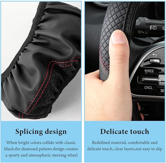 Car Steering Wheel Cover, 15 Inch Anti-Slip Stretch Leather Steering Wheel Protector, Comfortable Breathable Sporty Steering Wheel Cover for Women Men, Car Accessories (Black, AD)