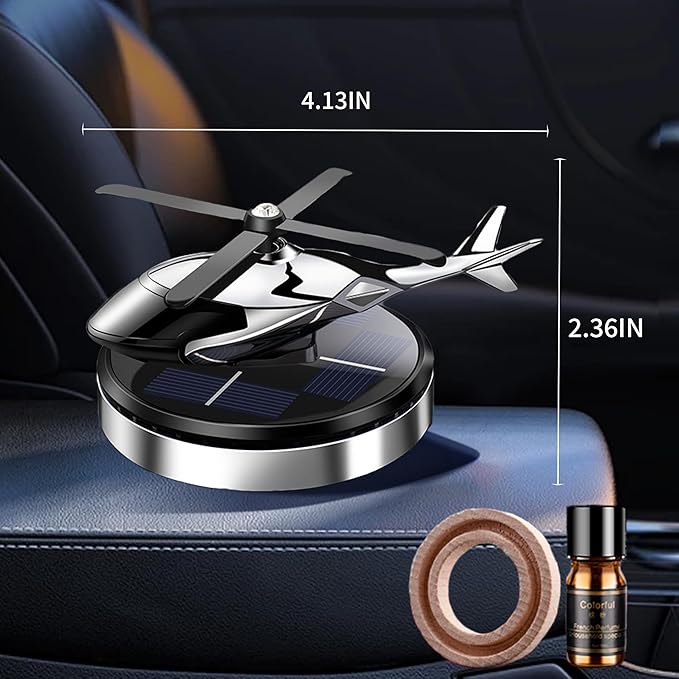 Car Air Freshener, Helicopter Solar Energy Rotating Aromatherapy Al Alloy Diffuser,Long-Lasting Fragrance, Interior Decoration Accessories Diffuser for Car and Home（Silver）
