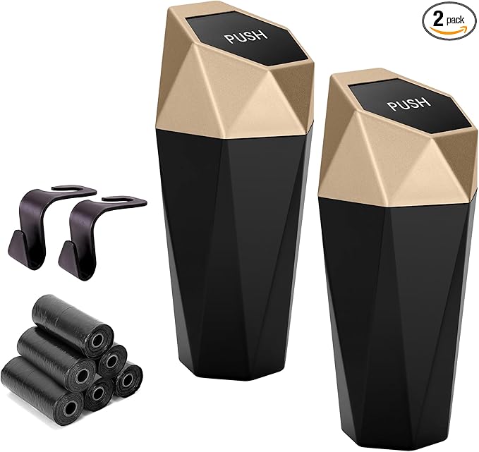 Ginsco Car Trash Can Cup Holder, 2 Pack Mini Car Trash Can with Lid, Car Accessories for Interior, Leakproof Small Trash Cup for Car, Home with Additional 2 ABS Hooks and 90pcs Trash Bags Golden