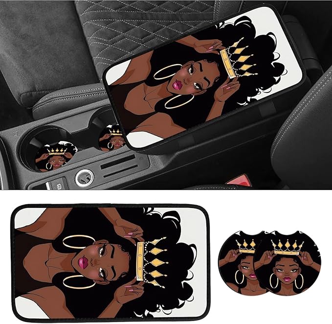 Car Armrest Cover Pads Universal Fashion Cute Auto Center Console Armrest Cover Pad with 2PCS Car Coasters Soft Waterproof Car Armrest Seat Protector for Women, African Black Girl