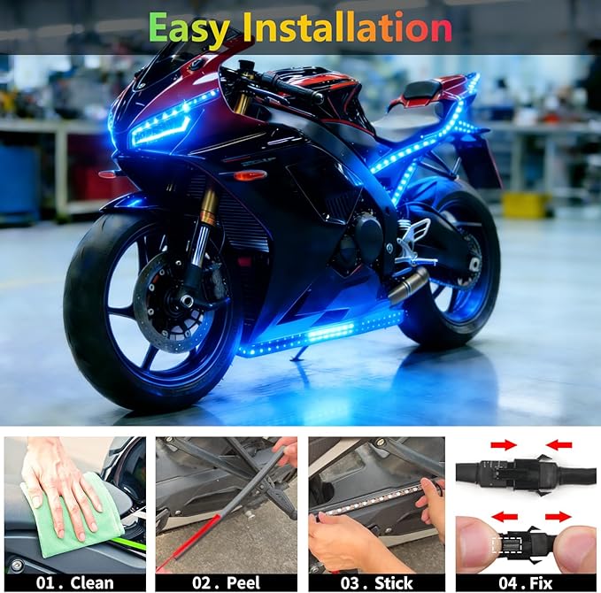 Motorcycle LED Underglow Kit, RGB LED Strips Waterproof Motorcycle Lights, Motorcycle Lights Underglow Kit with APP Control (10Pcs+APP+USB)