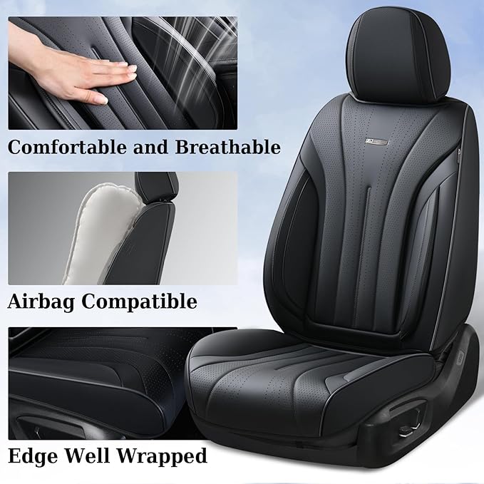 Coverado Car Seat Covers Front Seat, Breathable Nappa Leather Seat Cover, Black Seat Cover for Cars, Luxury Waterproof Car Seat Protector, Front Seat Cushion Universal Fit for Most Vehicles