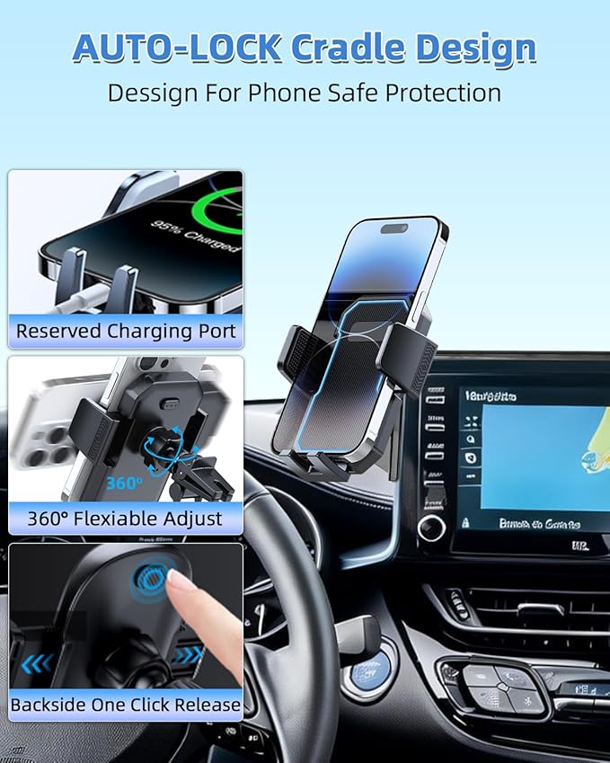 PZK Car Phone Mount for Toyota C-HR CHR 2019 2020 2021 2022 LE/XLE/Limited/Nightshade Accessories 8-inch Screen 360° Rotation Smart Phone Cradles Auto Lock Phone Holder Hands Free Not Affect Vent