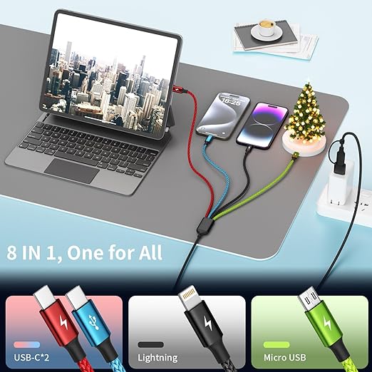 Travel Essentials 4 in 2 Multi Charging Cable [3Pack 5FT], Car Accessories Charging Cable, Chargers for Multiple Devices ith IP/Type C/Type C/Micro, Compatible with Most Phones/Tablets and More