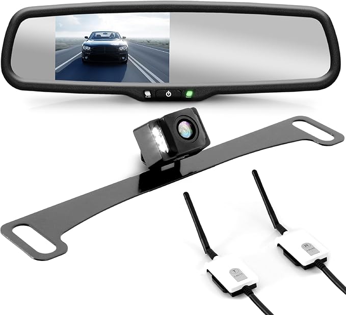 Wireless Backup Rear View Camera - Waterproof License Plate Car Parking Rearview Reverse Safety/Vehicle Monitor System w/ 4.3” Mirror Video LCD, Distance Scale Lines, Night Vision - Pyle PLCM4590WIR