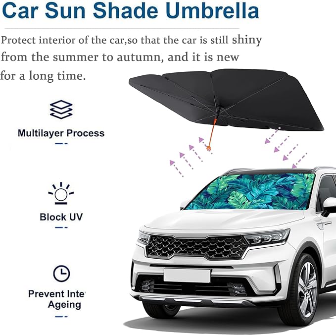 Socira Tropical Car Sun Shade Windshield Umbrella Palm Leaf Sunshade for Green Window Shades Windshield Sun Shade Umbrella Sun Visor Leaves Car Accessories Keeps Cool 57" x 30"