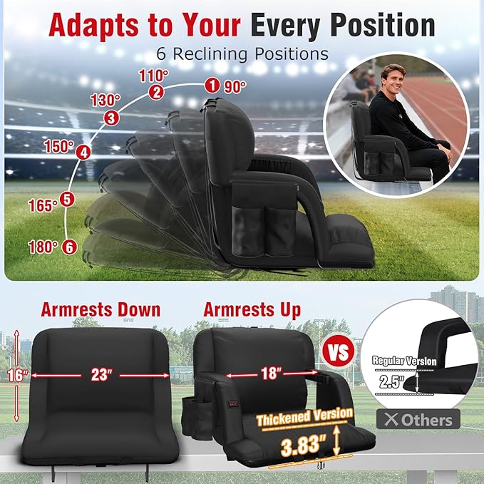 Suteck Extra Wide Heated Stadium Seats with Back Support 2 Pack, Portable Sofa Style Bleacher Chair with Back and Cushion, Armrest, Ideal for Outdoor Stadiums and Events -23" Wide