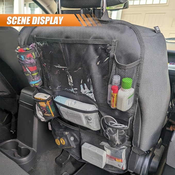 Car Backseat Organizer with 10'' Tablet Holder, Oxford Fabric Auto Seat Back Protector Kick Mats for Kids, Car Back Seat Storage Pockets Organizer, Essentials Travel Accessories for Road Trip (2PCS)