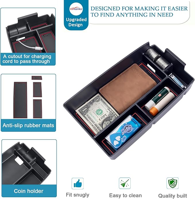 TOPINSTALL Red Center Console Tray Compatible with Ford Escape 2020-2026/Bronco Sport 2021-2025 Accessories, Long Compartment Armrest Box Storage Organizer Coin Container (Not for 2026 Sport)