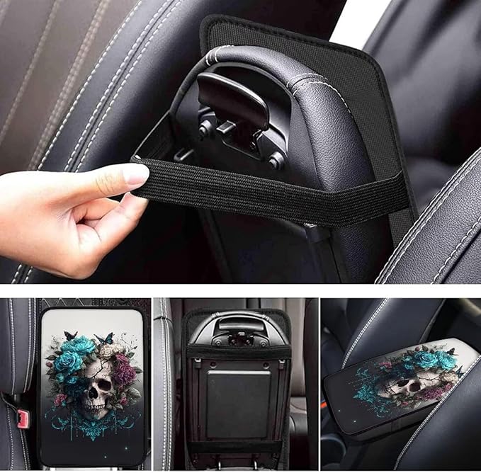 Skull Print Car Center Console Armrest Cover Rose Butterfly Print Armrest Box Cover Center Console Pad Neoprene Car Decor Accessories for Women Men, Easy to Install