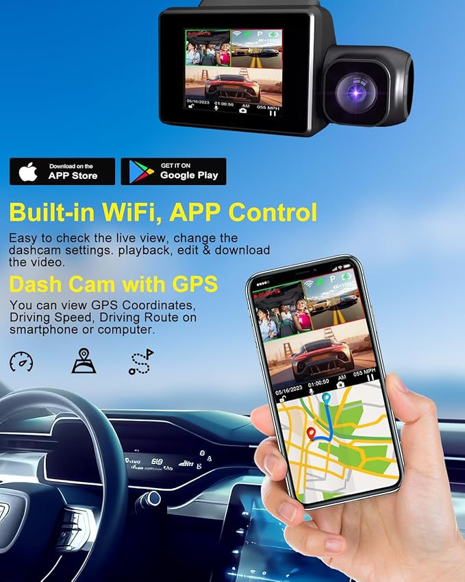 Dash Cam Camera For Cars Dashcam - Lehwey 3 Channel 4k 2160P+1440P+1080P Dash Cam Front and Rear Inside, Built in WiFi GPS, With 64GB Card, Night Vision G-Sensor Parking Mode, 170°Angle Loop Recording