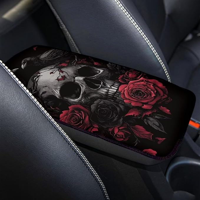 Dreaweet Red Rose Skull Arm Rest Cover for Car Women Goth Car Accessories Center Console Cushion Pad Anti Scratch Universal Armrest Cover for SUV Sedan