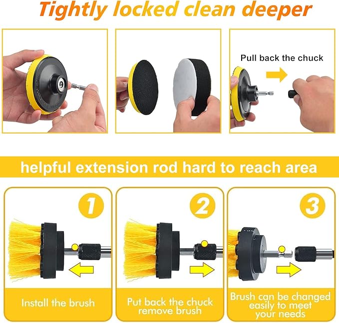Shieldpro 45 Piece Drill Brush Attachment Set, All Purpose Power Clean Scrubber Brush, Scrub Pads & Sponge with Extend Long Attachment for Bathroom, Kitchen,Grout,Tub,Tile,Corners, Auto