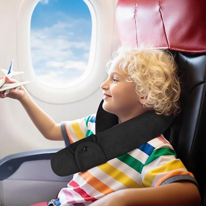 Kids Travel Neck Pillow, Toddler Travel Pillow for Car & Airplane and Head & Chin Support, Comfortably Travel Neck Pillow for Road Trip Sleeping, Gifts for Toddler/Child/Kids (Black & Light Blue)