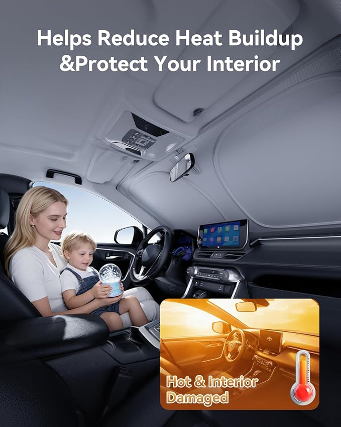 helloleiboo Graphene Car Windshield Sun Shade Car Sun Shade for Windshield with Heat Absorption Coating Foldable Design with UV Protection to Keep Your Car Interior Cooler Silver (Large-61 × 32 in)