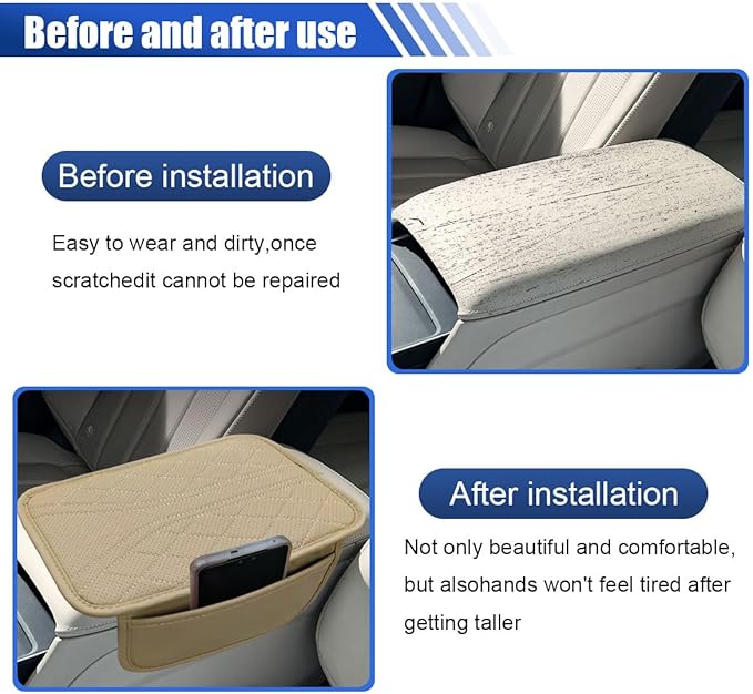 Car Center Console Cover with 2 Storage Bags - Leather Car Armrest Cushion Pad Vehicle Middle Console Cover, Universal Armrest Seat Box Protector Auto Interior Accessories for SUV, Truck, Sedan(Beige)