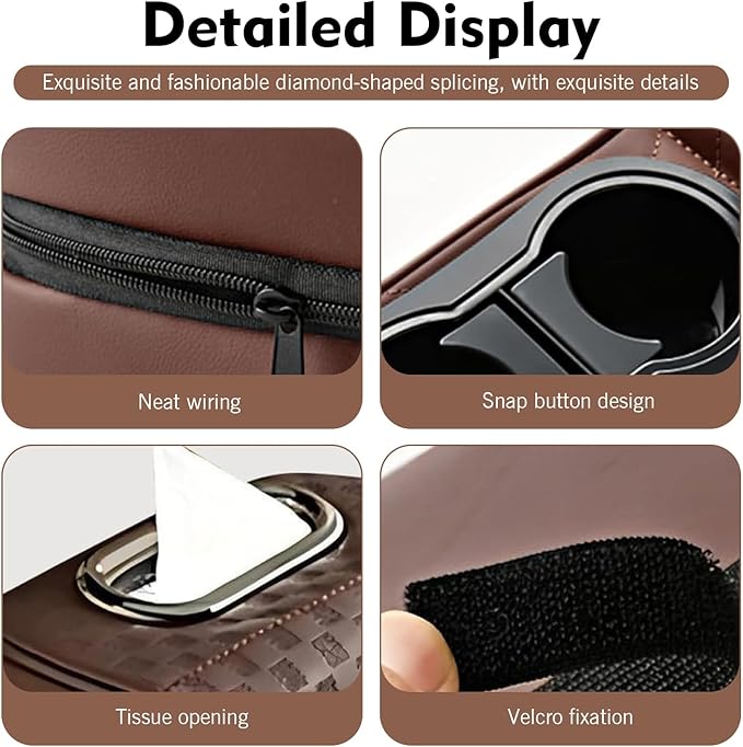 Car Center Console Leather Armrest Increase Cushion, MultiFunctional Armrest Box Pad with Dual Cup Holder, Tissue Box, Side Card Holder, Universal for Most Cars, SUVs, Trucks (Coffee)