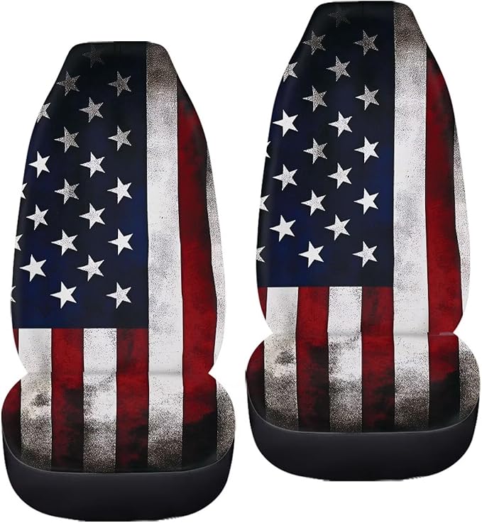 ELEQIN Vintage US Flag Print Car Seat Covers Two Front Only for Car, Automotive Interior Covers, Airbag Compatible, Quick Setup Universal Fit Seat Covers for Car, Truck, SUV