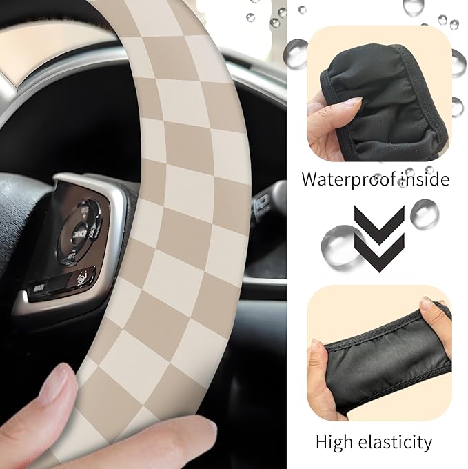 Car Steering Wheel Cover, Universal 15 Inch Neoprene Non-Slip Steering Wheel Covers, Funny Car Accessories for Women Men Fit Auto, Suvs, Truck Cute Beige Checkerboard