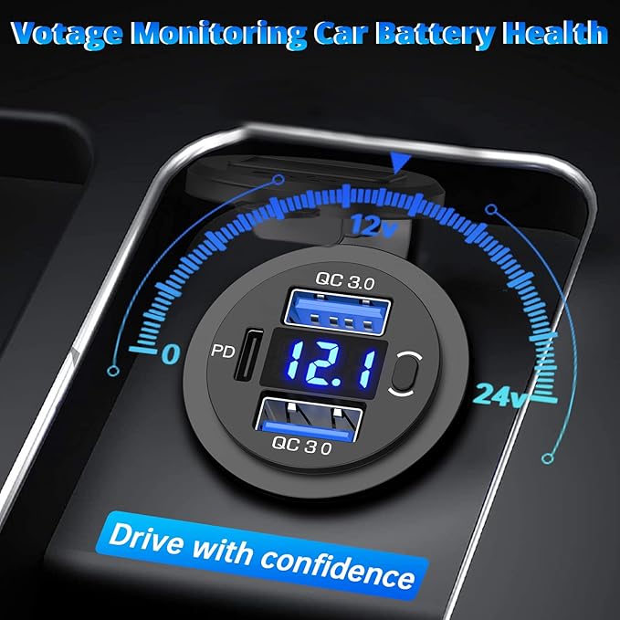 Qidoe 12V USB Outlet Dual 18W Quick Charge 3.0 Port & 30W PD 12V USB C Car Charger Socket with Voltmeter and Power Switch, Waterproof Multiple Car USB Port Adapter for Car Boat Marine Truck Golf RV
