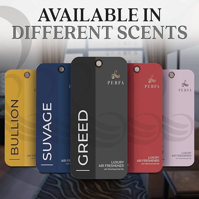 9PCS Greed Disposable Air Fresheners for Men | Long Lasting Car Air Freshener with Greed Fragrance | Lasts for 2 Weeks | Strong Car Perfume with Odour Eliminating Technology | by Perfa