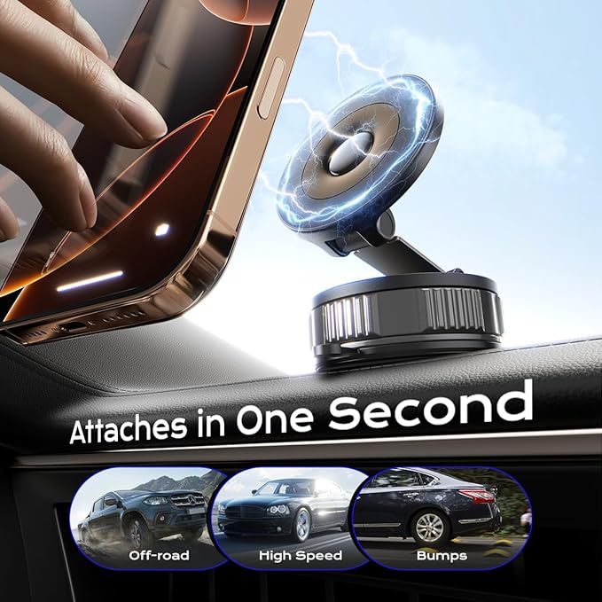 Magnetic Car Phone Holder, Strong Magnet with Vacuum Suction Cup Dashboard Mount, 360° Rotatable Adjustable Angle, Foldable Lightweight Car Phone Stand for iPhone 17/16/15/14/13/12 Pro Max