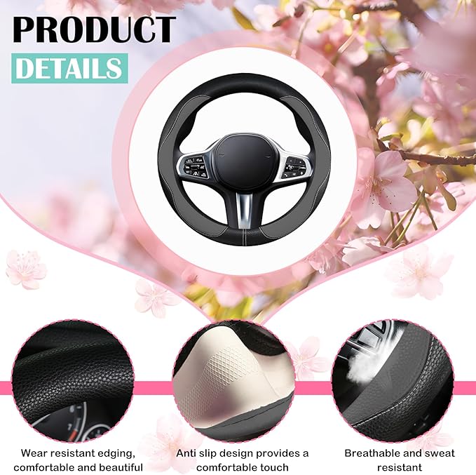 SuperKaKa Gray and Black Car Steering Wheel Cover 2025, Universal Auto PU Cute Breathable Slip-Proof Comfort Imitation Leather Protector Cars Interior Accessories for Women Men Fit Most Vehicle