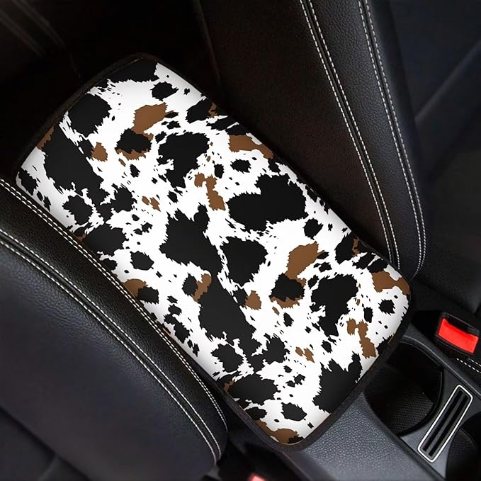 Automotive Center Console Armrest Cover, Cow Print Universal Armrest Box Protector with Elastic Bands,Car Interior Decor,Easy to Install