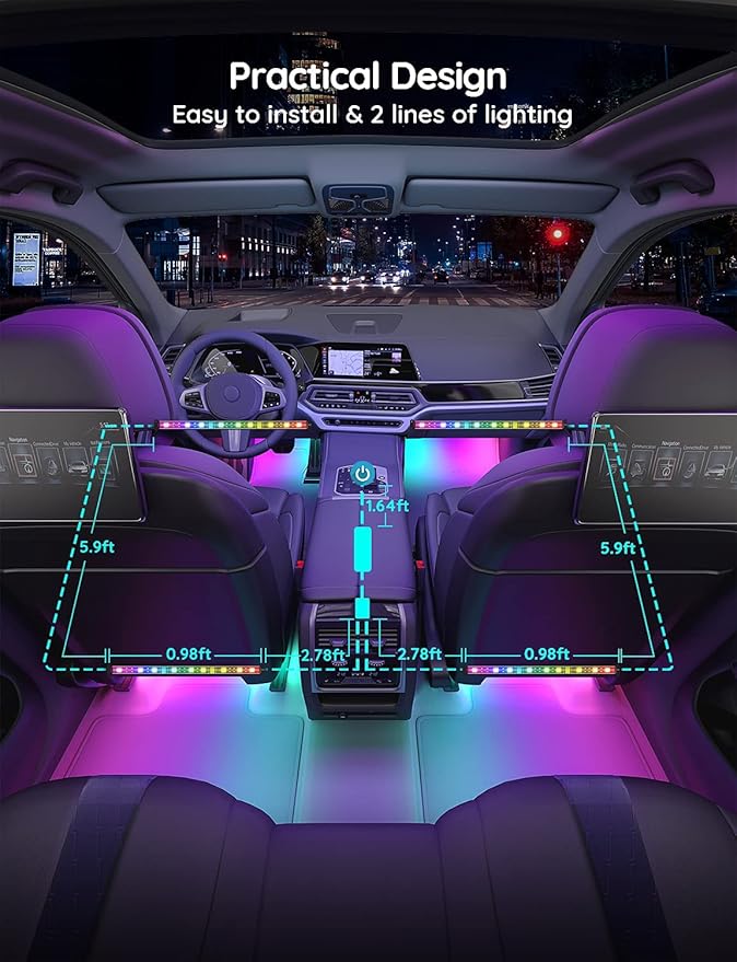 Govee Car LED Strip Lights, Smart RGBIC Interior Car Lights with APP Control, 4 Music Modes and 16 Million Colors, 2 Lines Design LED Lights for Car Decor, DC 12V