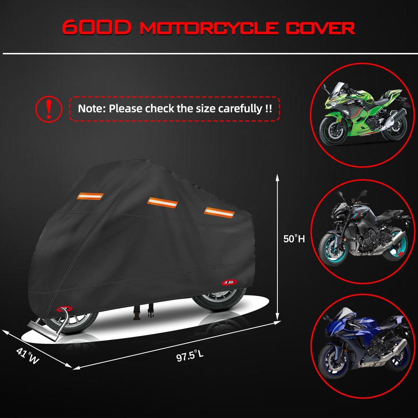 Motorcycle Cover, Heavy Duty 600D Oxford, Waterproof Outdoor, Weather Resistant, Rip-Proof, Anti-UV with 5 Reflective Strips, 2 Lock-Holes, 1 Windproof Strap, 1 Storage Bag (97.5" x 41" x 50")