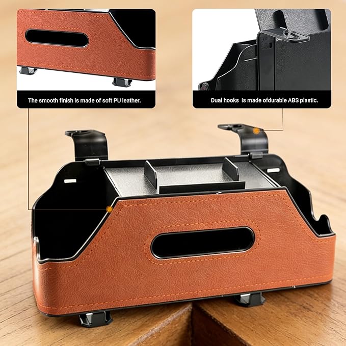 Sporacingrts Car Seat Back Organizer with Cup Holders, Tissue Box, Hooks, Phone Slot, Brown PU Leather Storage Box for Backseat, 1 Pack, Fits Most Cars SUVs Trucks