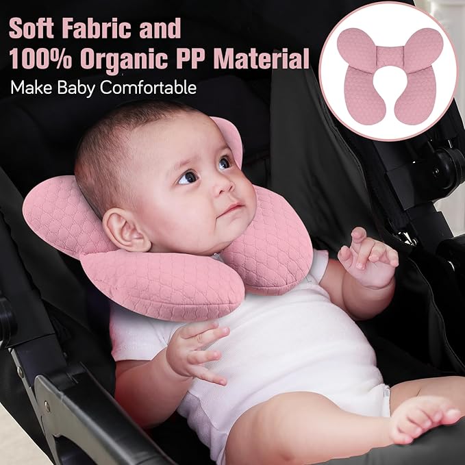 KAKIBLIN Baby Travel Pillow, Upgraded Baby Neck Pillows for Car Seat, Infant Neck Support Pillow for Head and Neck,Newborn Head Support for Car Seat, Stroller, Pushchair (Pink)
