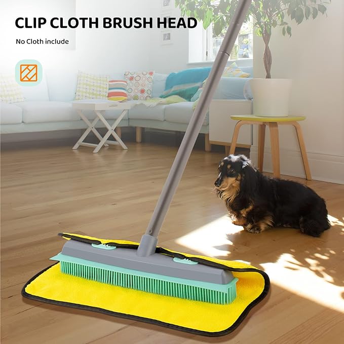 Conliwell Rubber Broom Carpet Rake for Pet Hair, Fur Remover Broom with Squeegee, Portable Detailing Lint Remover Brush (Iron Handle)