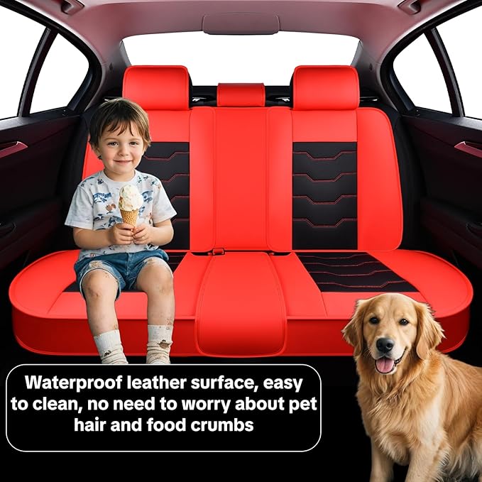 Car Seat Cover Set, Red and Black Seat Covers, Automotive Interior Accessories, Waterproof Synthetic Leather, Protect and Upgrade Your Car Interior, Fits Most Vehicles, Airbag Compatible