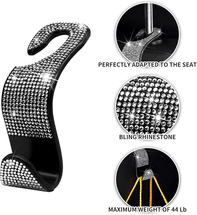 Car Purse Hook Bling Car Headrest Hook for Women Girls, 4 Packs Auto Back Seat Hangers Rear Headrest Hook for Purse, Bag, Handbag, Grocery (Silver)