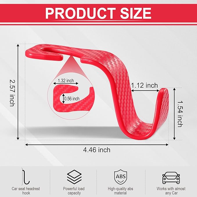 LivTee Car Purse Hook, Headrest Hook for Car, 4 Pack Universal Auto Car Seat Headrest Hook Hangers Organizer for Purse Coat Umbrellas Grocery Bags Handbag, Car Accessories - Carbon Fiber Red