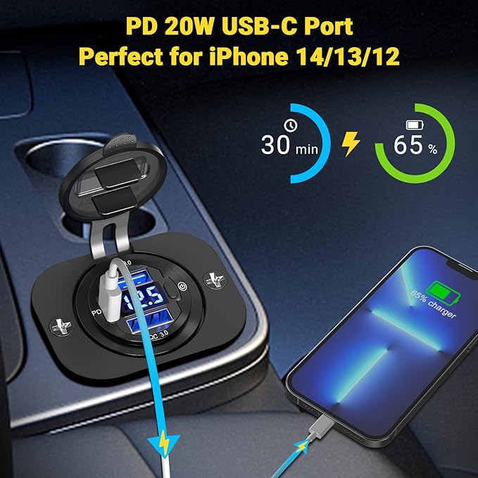 Qidoe 12 Volt USB Outlet 12V Outlet USB Car Port Aluminum 30W PPS PD 3.0 Motorcycle Car Charger Waterproof Dual QC3.0 Socket with Switch 12V/ 24V Vehicle Marine Boat RV Accessories