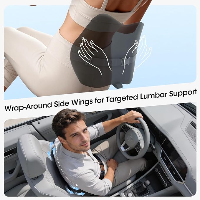 Lumbar Support Pillow for Car Seat – High-Density Memory Foam, Provides Comfort for Long Drivers, Relieves Lower Back Discomfort, Adjustable Strap Stays Put, Fits Most Cars, SUVs & Trucks (Black)