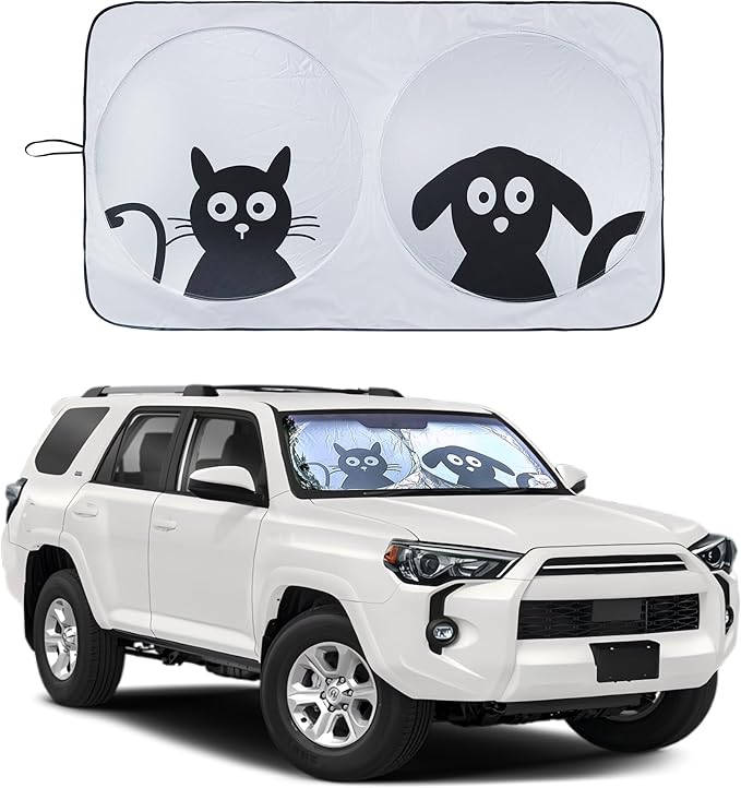 IC ICLOVER Car Windshield Sunshade with Pet Design, Cute Cartoon Design Front Auto Car Windshield Sun Shade Folding Silvering Sun Visor - UV Coating for UV Ray Deflector (Dog & Cat) - Small