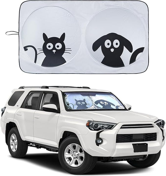 IC ICLOVER Car Windshield Sunshade with Pet Design, Cute Cartoon Design Front Auto Car Windshield Sun Shade Folding Silvering Sun Visor - UV Coating for UV Ray Deflector (Dog & Cat) - Small