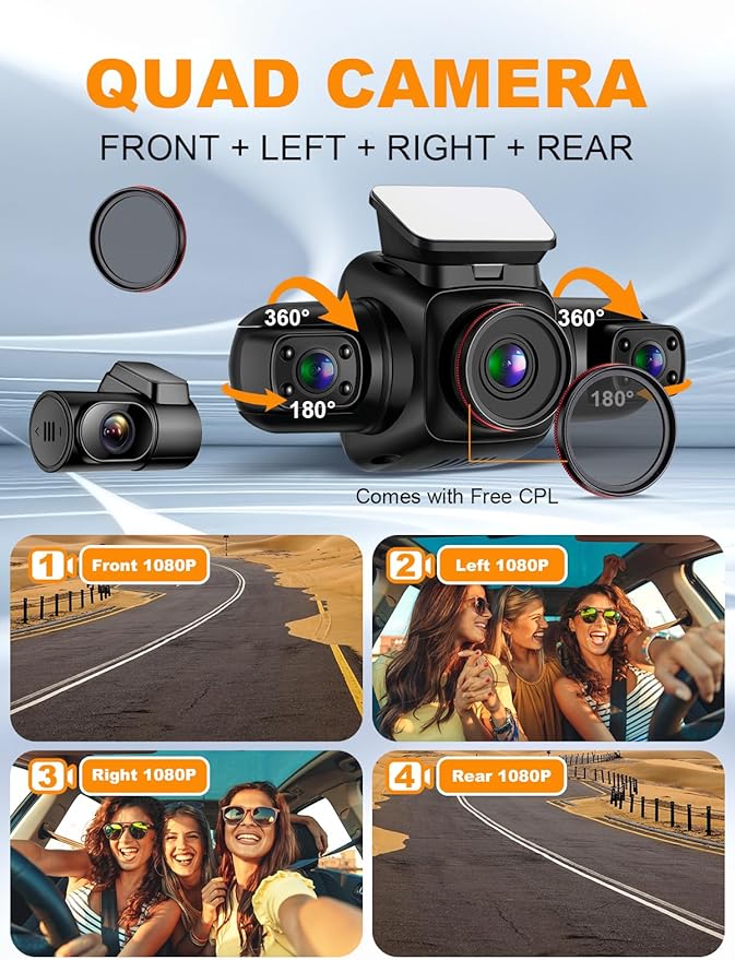 PRUVEEO 360 Degree View 4 Channel Dash Cam Front and Rear Inside Left Right, Dash Camera for Cars with CPL, Built-in GPS WiFi Night Vision, 24/7 Recording Parking Mode Monitor, Free 128G Card