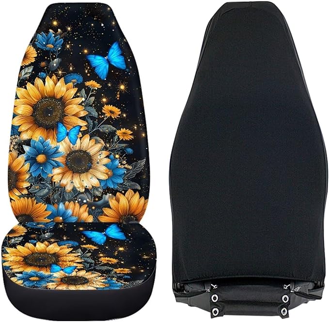 BIGCARJOB Sunflower Car Accessories Sets 2 Pcs Auto Front Seat Protector Butterfly Print Car Seat Cover Sets for Womens Girly Cute Car Interior Seat Cushion Pads
